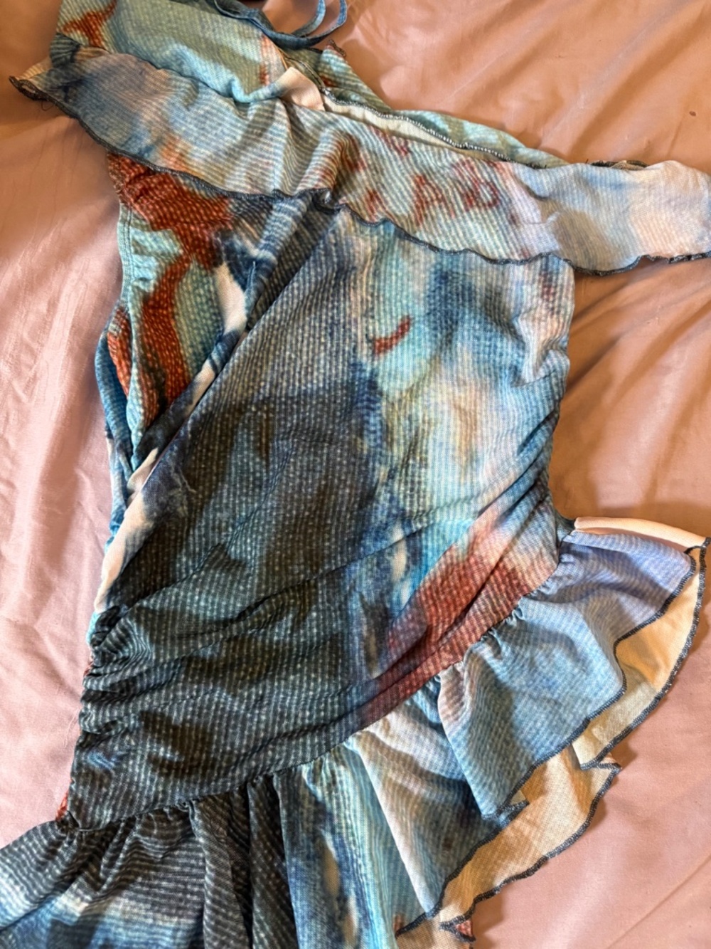 Blue Abstract Print Ruched Ruffle Mini Dress | Asymmetrical Y2K Style - Picture 5 of 5